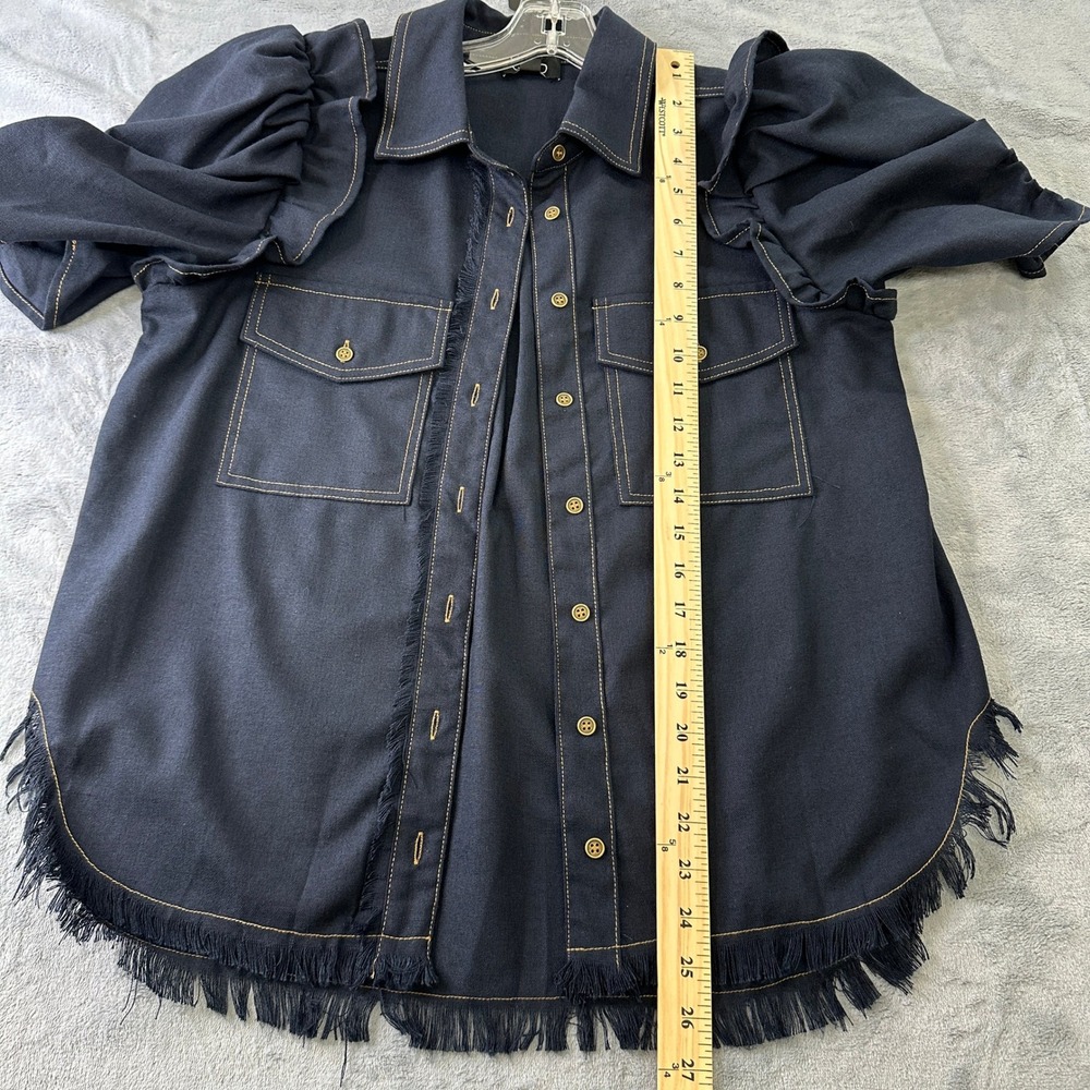 NWT GIGIO USA Navy Linen Blend Puff Sleeve Frayed Hem Button Down Shirt Small - Picture 3 of 8
